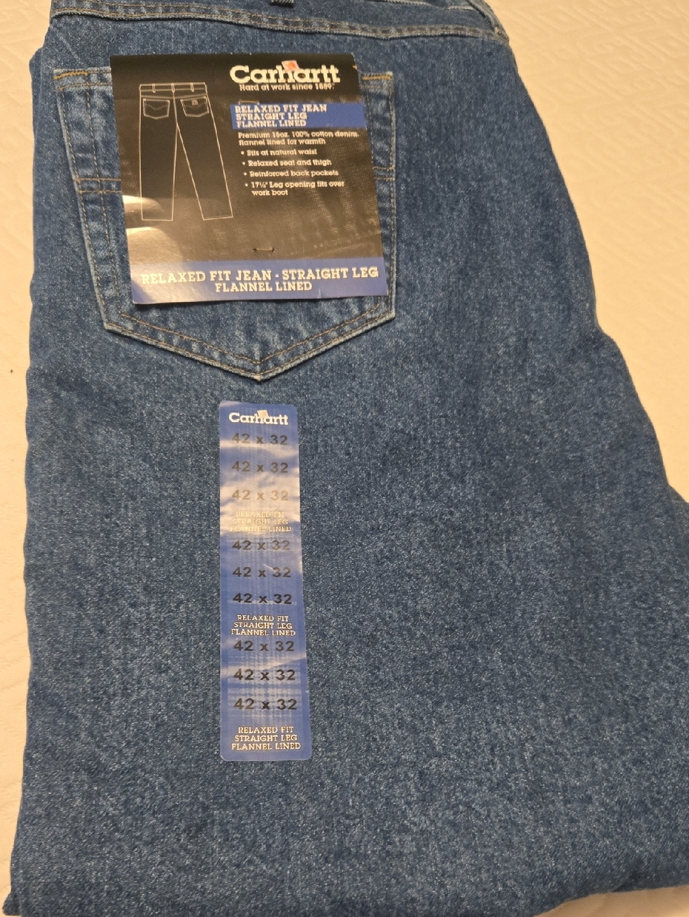 Carhartt Men's Relaxed Fit Flannel Lined Straight Leg Jeans - Blue Size 42/32